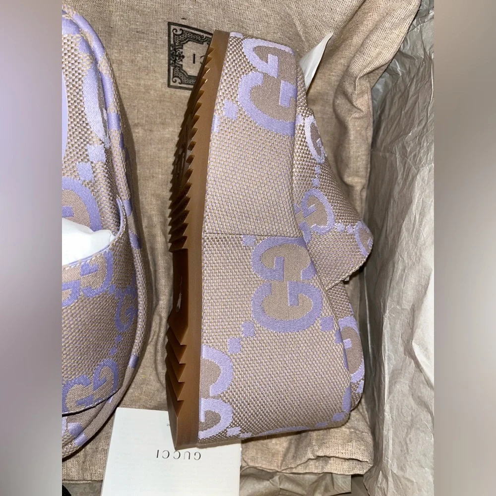 Gucci Beige and White GG Canvas Platform Slide Sandal